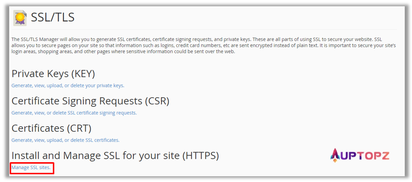 Cách cài đặt SSL trên hosting cho Cpanel - bước 3 - tại Install and Manage SSL for your site (HTTPS), nhấp vào Manage SSL Sites 