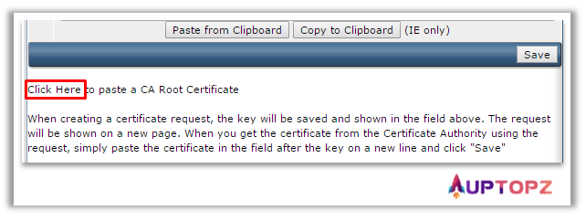 Cài đặt SSL trên DirectAdmin - bước 4 - nhấp vào Click Here để dán CA Root Certificate