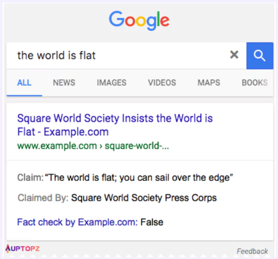 Minh họa cách hiển thị kết quả timf kiếm Xác minh tính xác thực (Fact Check) trên Google tìm kiếm.