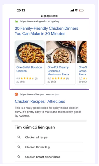 Minh họa kết quả trang web Eatingwell.com trên bằng chuyền của Google tìm kiếm khi nhập truy vấn "chicken recipes for dinner" bằng điện thoại di động.