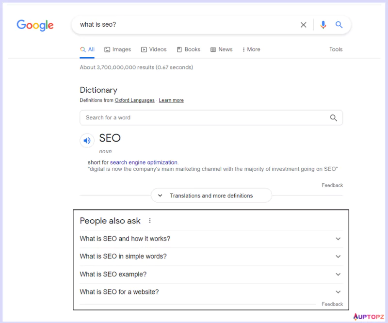 Minh họa tính năng PAA hiển thị trên SERP Google cho truy vấn "What is SEO?"