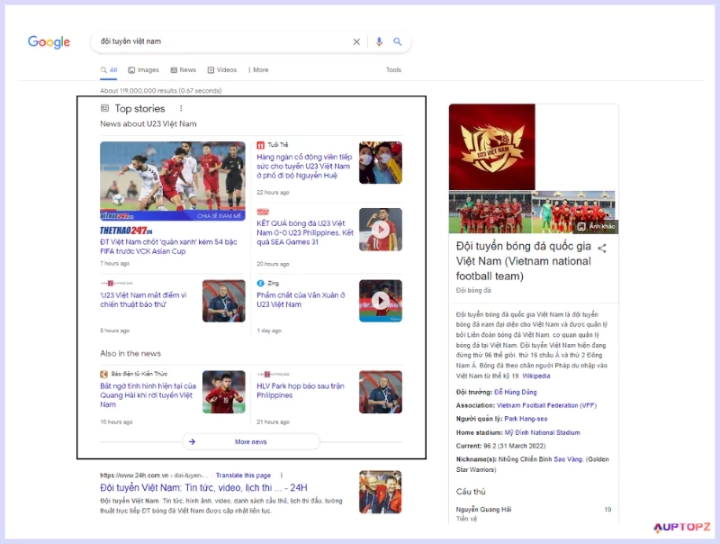 Minh họa tính năng Tin bài hàng đầu hiển thị cho từ khóa "đội tuyển Việt Nam" trong SERP Google.