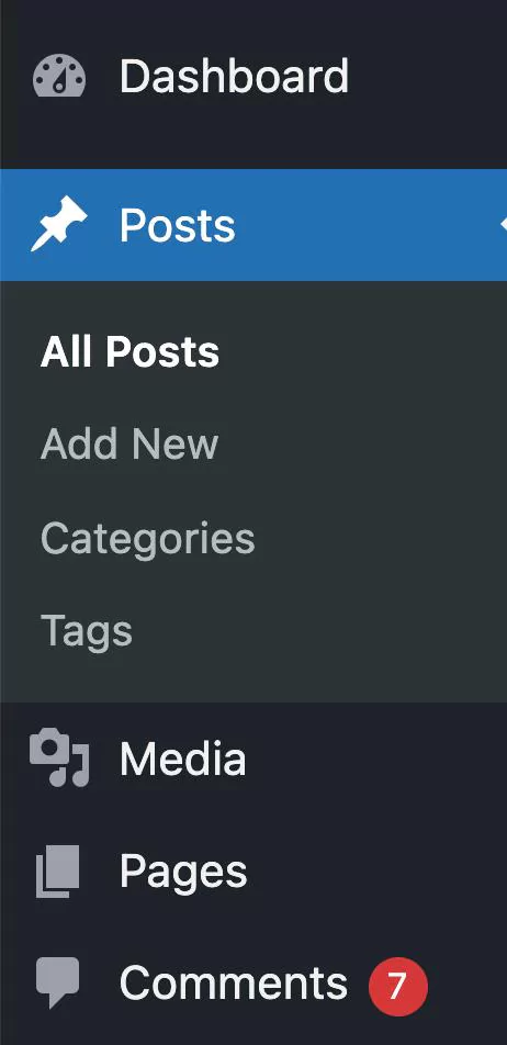 Ảnh chụp màn hình menu quản trị WordPress hiển thị các mục menu Posts, Media, Pages and Comments menu items