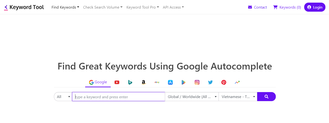 Công cụ tìm kiếm từ khóa bằng Keyword Tool