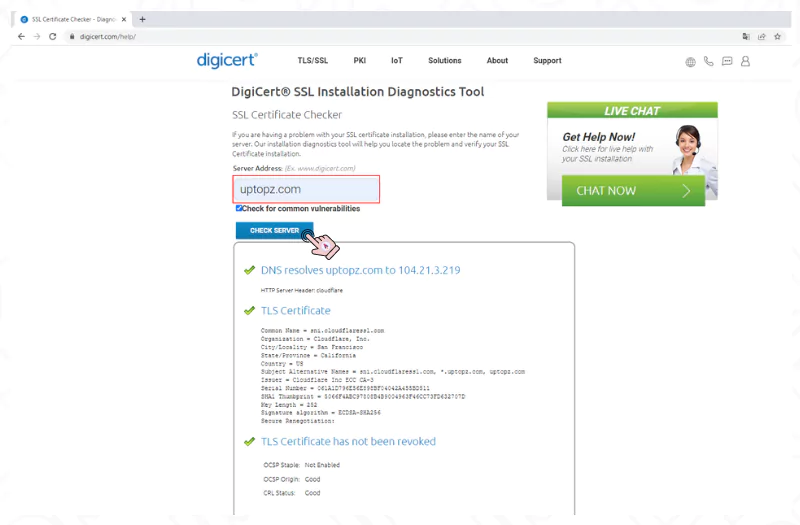 Kiểm tra chứng chỉ SSL của trang web Uptopz.com trên Digicert.