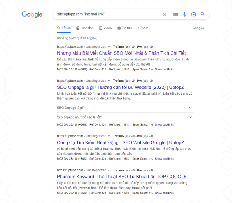 Kết quả của Google khi tìm kiếm site:uptopz.com "Internal link".